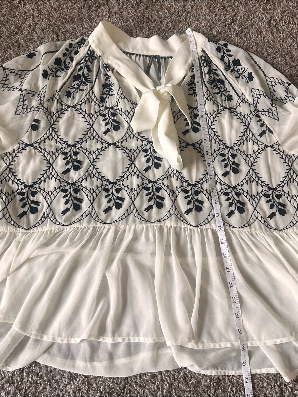 Anthropologie White Blouse with Black Floral Embroidery and Tie Neck - Picture 8 of 9